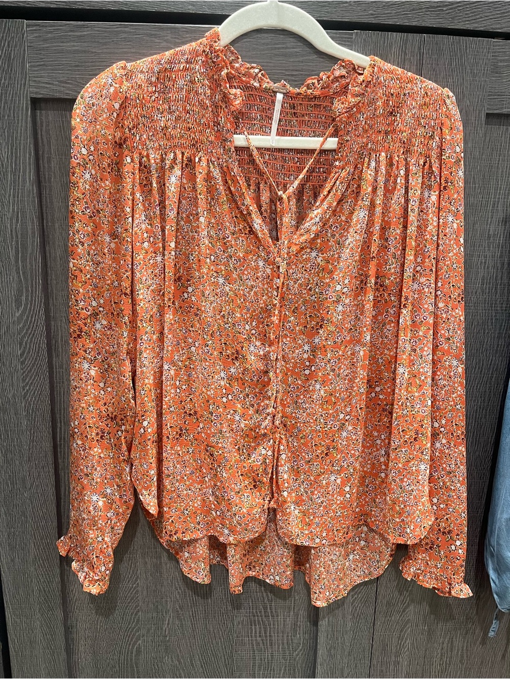 Free People Burnt Orange Floral Smocked Yoke Blouse